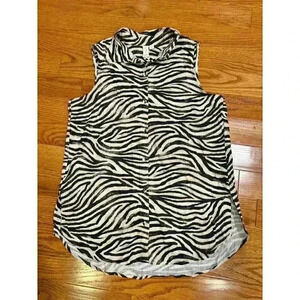 J Joie Zebra Print Sleeveless Blouse Button-Down Linen Top Large Black & White